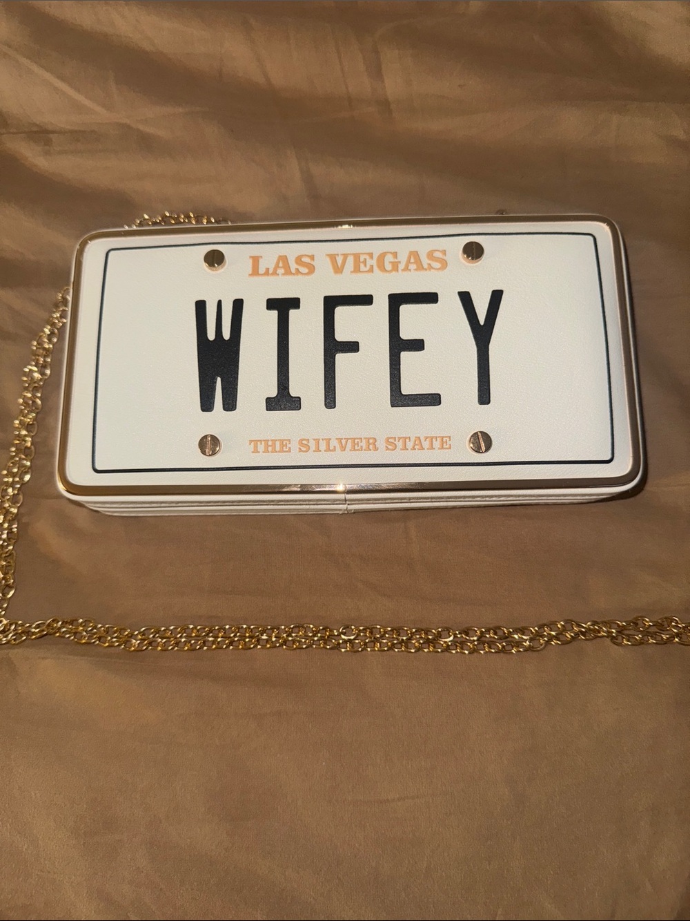 Brand new Wifey Las Vegas License Plate Clutch in White with Gold Chain